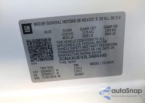 2020 Chevrolet Equinox Awd Lt 1.5L Turbo из США, поврежденный, VIN 3GNAXUEV2LS686445